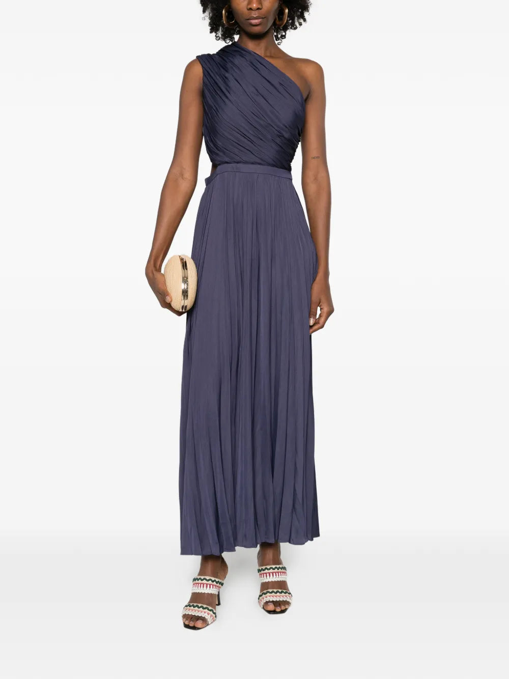 Maje One Shoulder Pleated Midi Dress