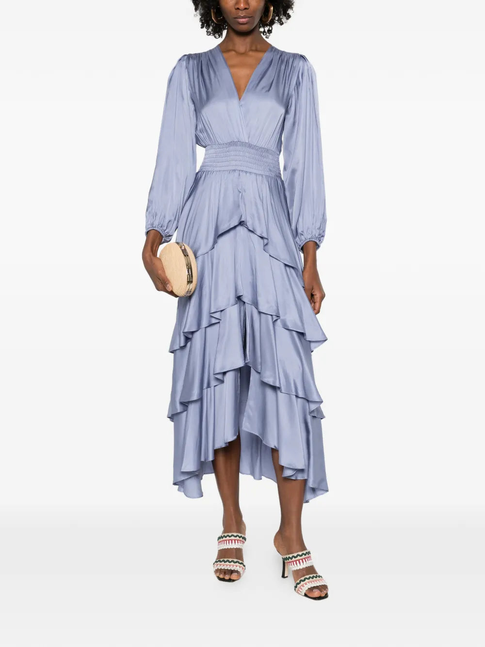 Maje Ruffled V Neck Midi Dress