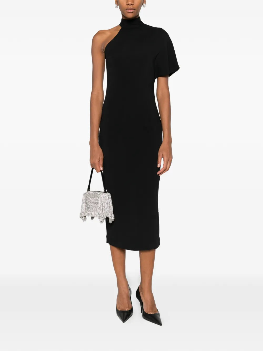 Taller Marmo High Neck Asymmetrical Sleeve Midi Dress