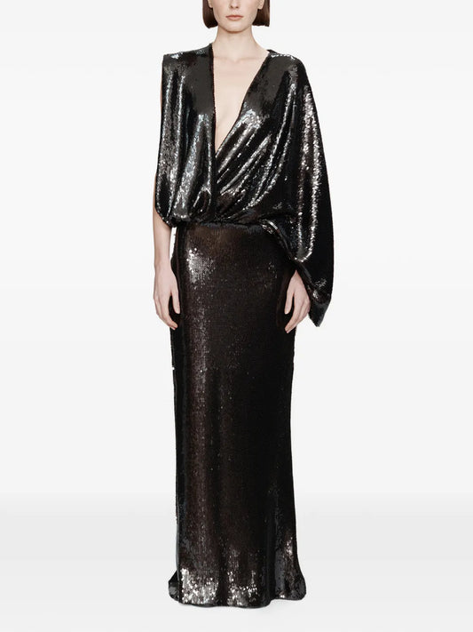 Christopher Esber Opaline Sequin Swaddled V Neck Gown
