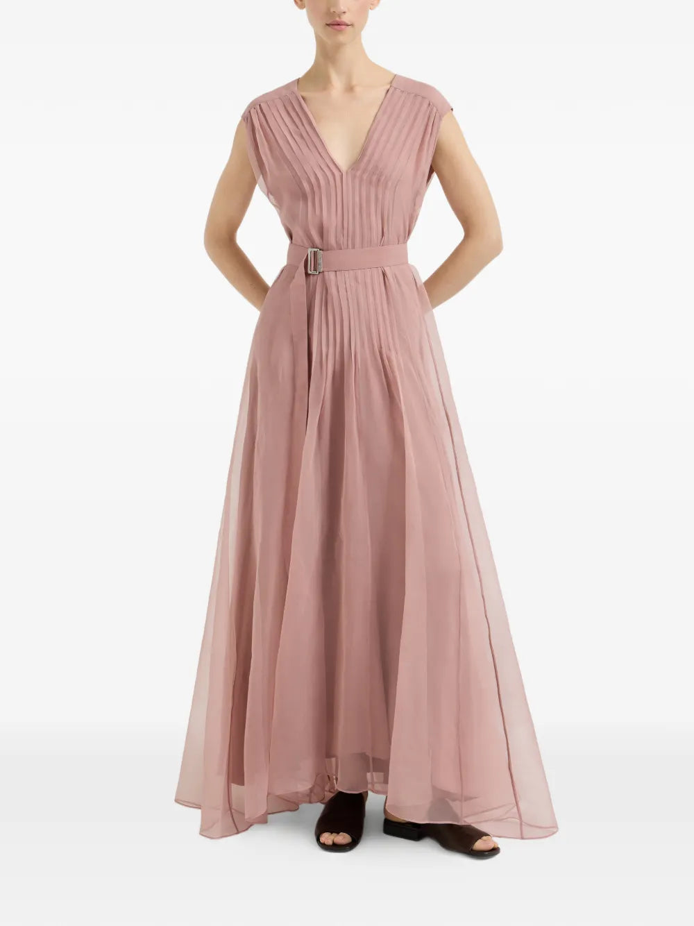 Brunello Cucinelli Belted Pleated Silk Maxi Dress