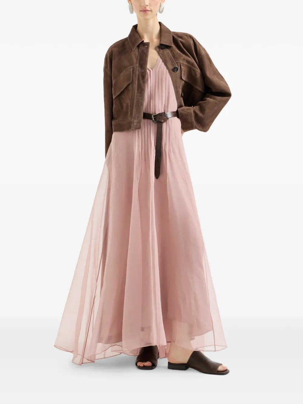 Brunello Cucinelli Belted Pleated Silk Maxi Dress