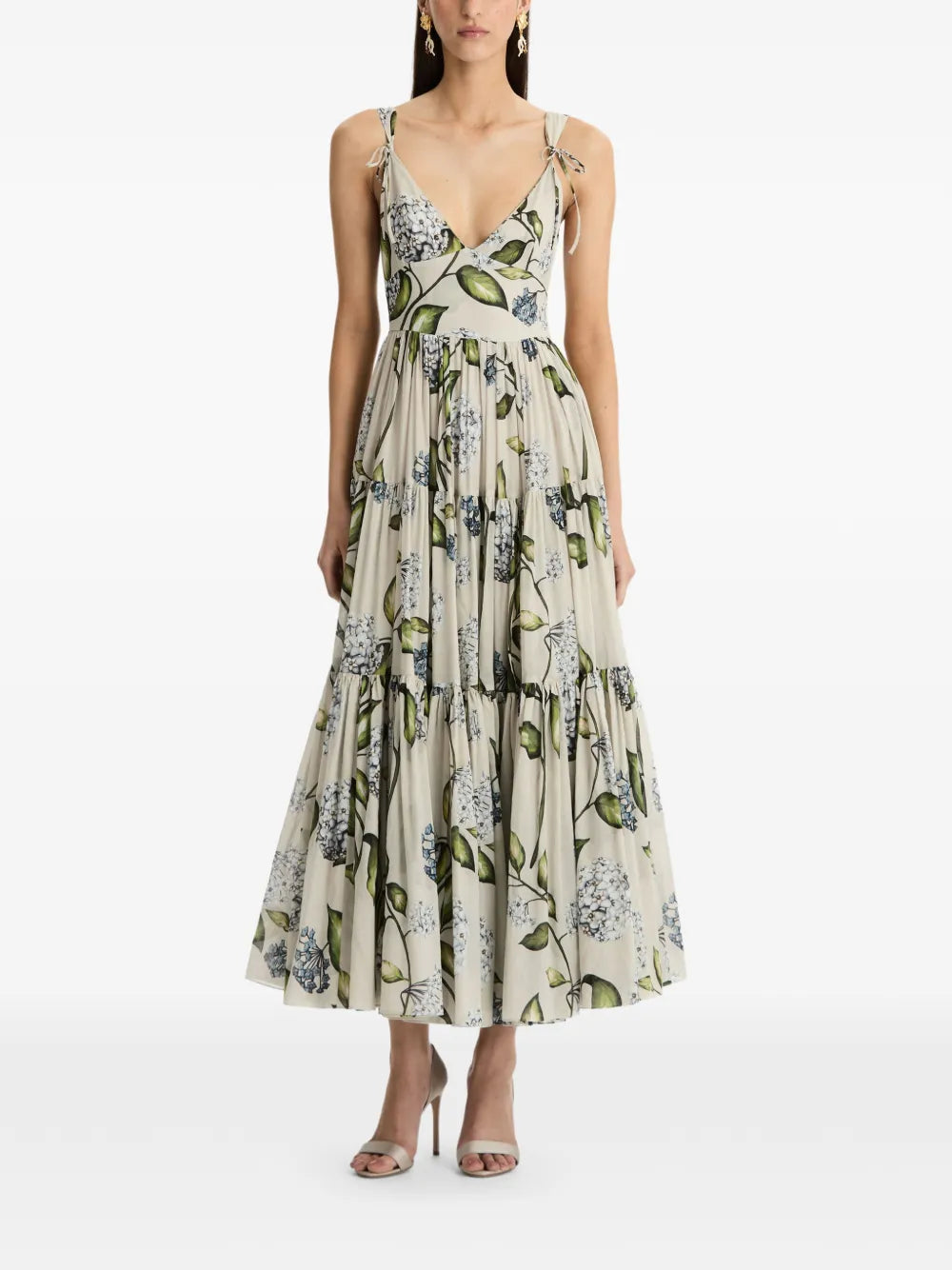 Oscar De La Renta Floral Print V Neck Midi Dress