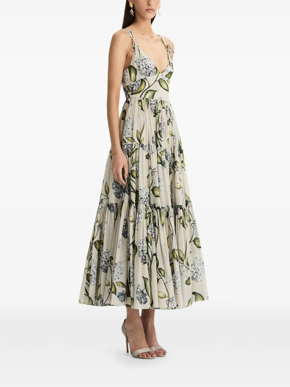 Oscar De La Renta Floral Print V Neck Midi Dress