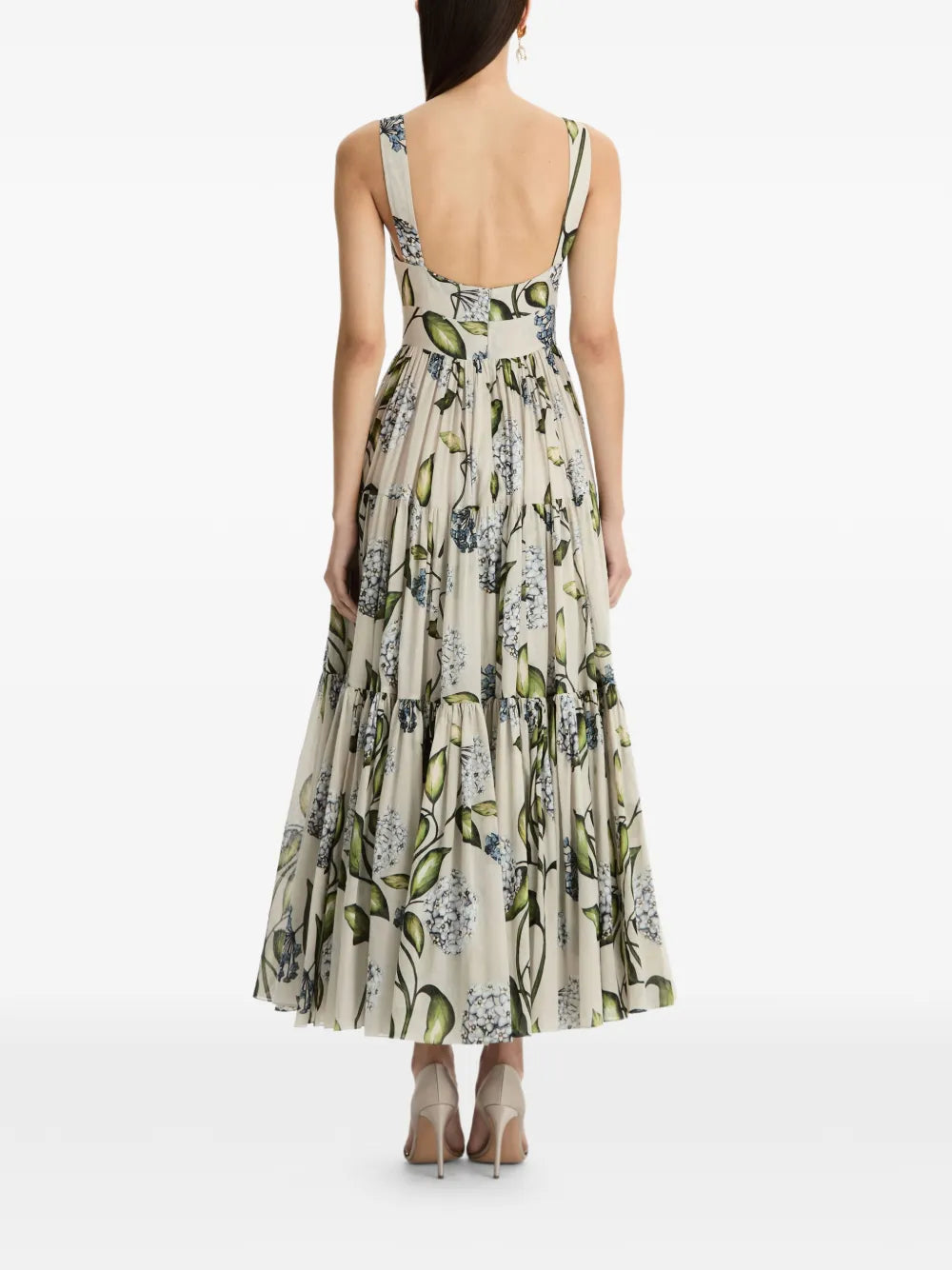 Oscar De La Renta Floral Print V Neck Midi Dress