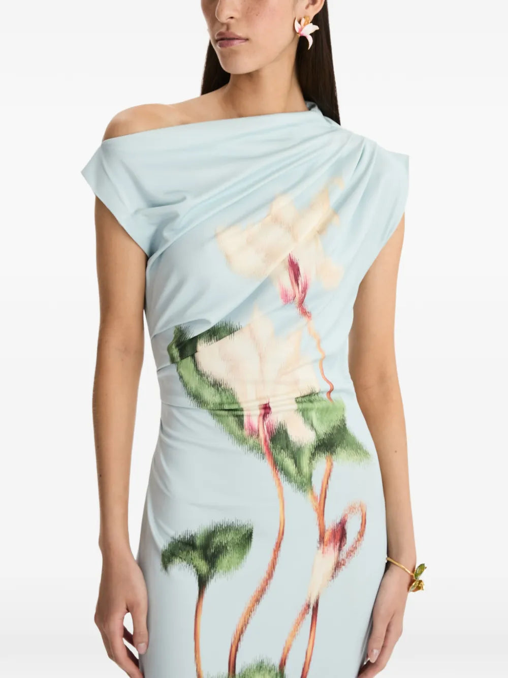 Oscar De La Renta Asymmetric Shoulder Floral Maxi Dress