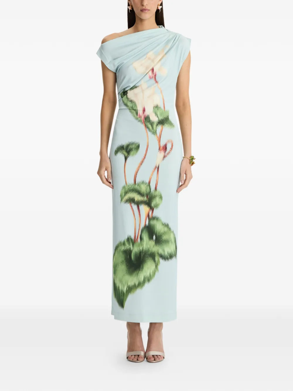 Oscar De La Renta Asymmetric Shoulder Floral Maxi Dress