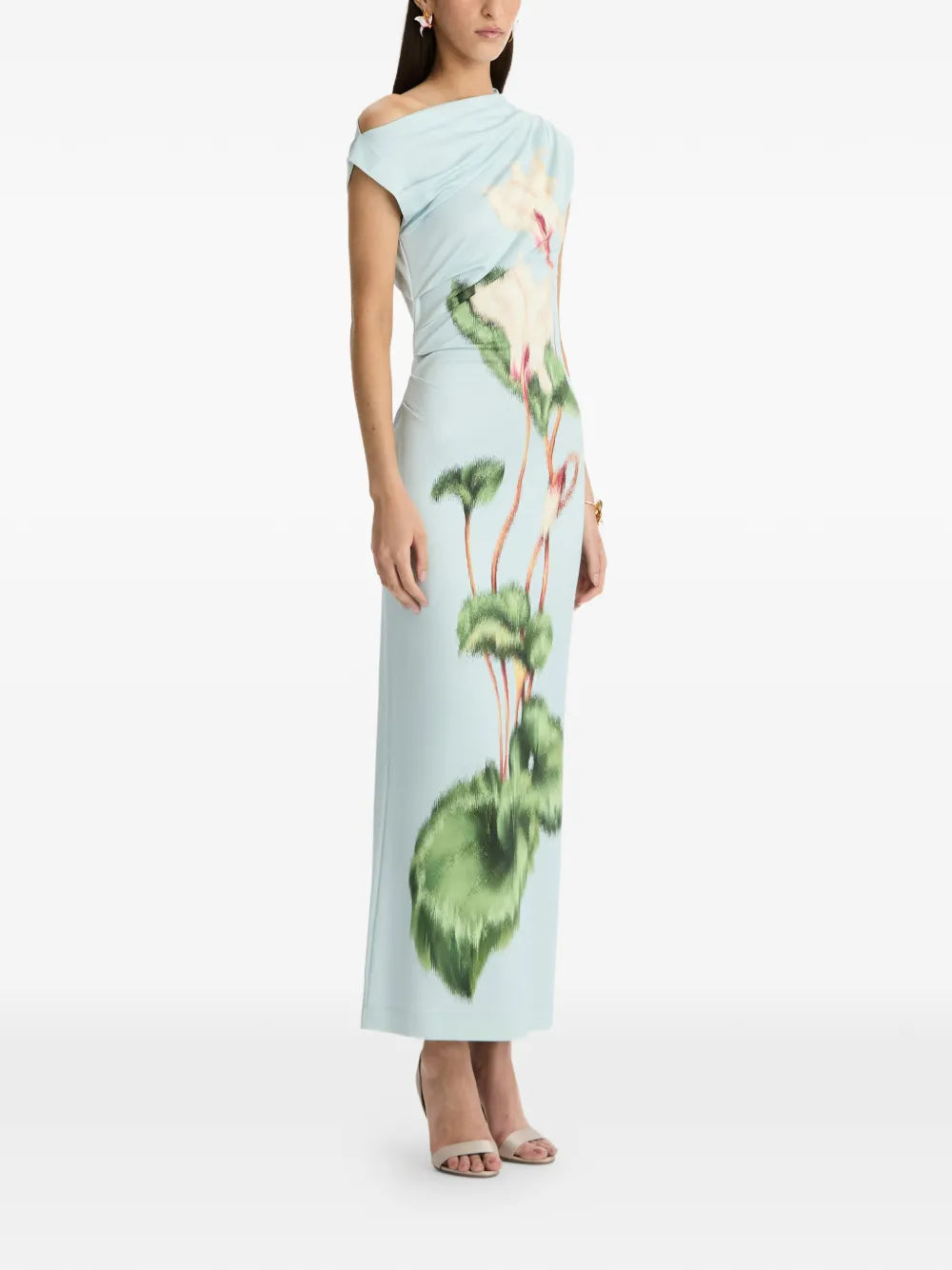 Oscar De La Renta Asymmetric Shoulder Floral Maxi Dress