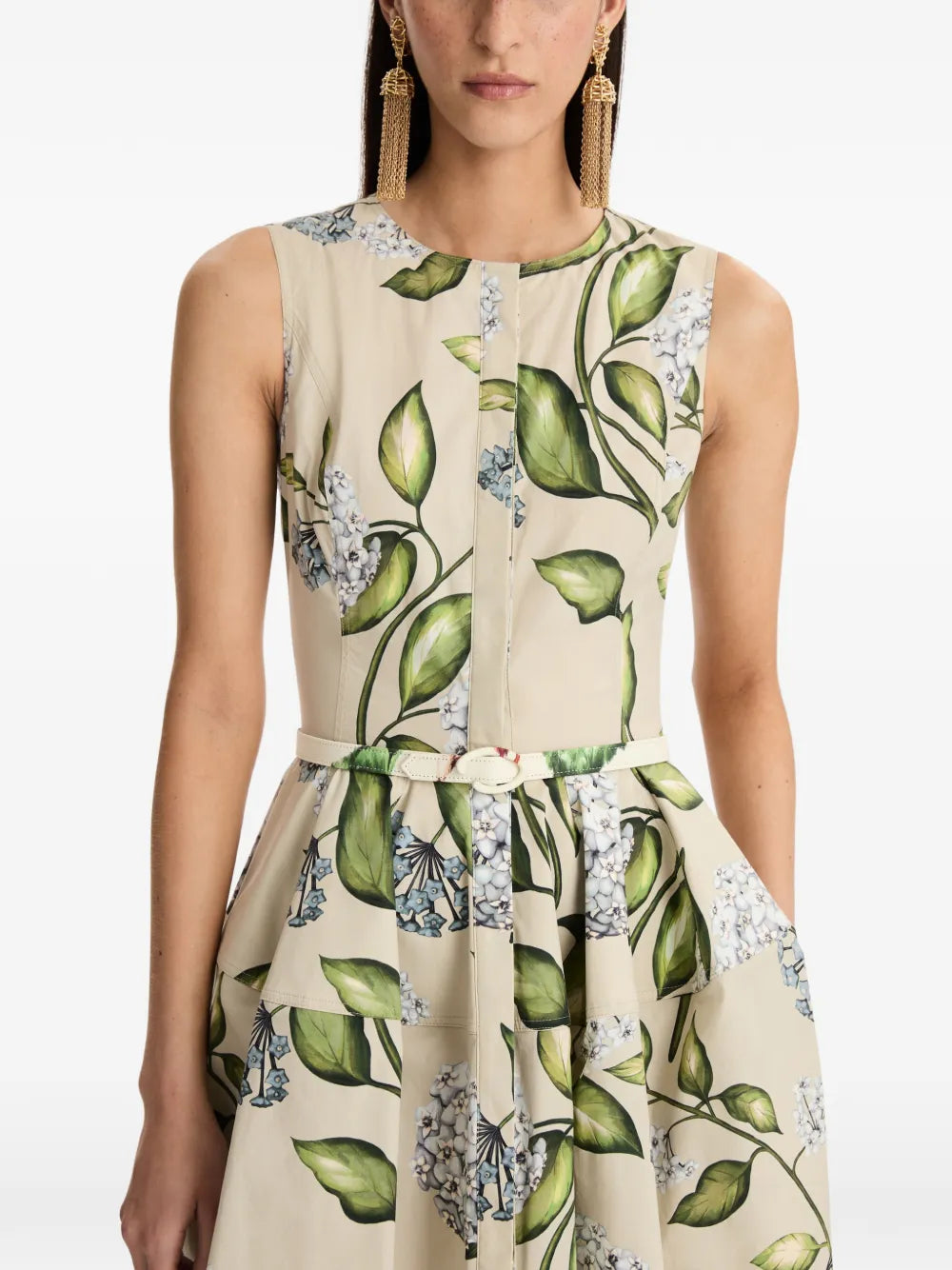 Oscar De La Renta Flower Print Sleeveless Midi Dress