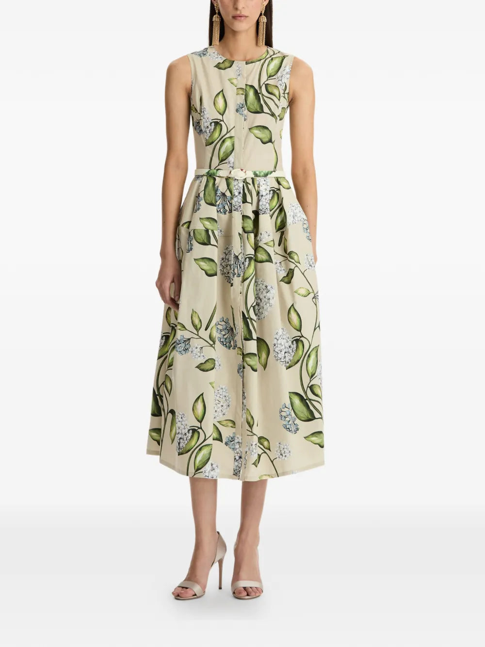 Oscar De La Renta Flower Print Sleeveless Midi Dress