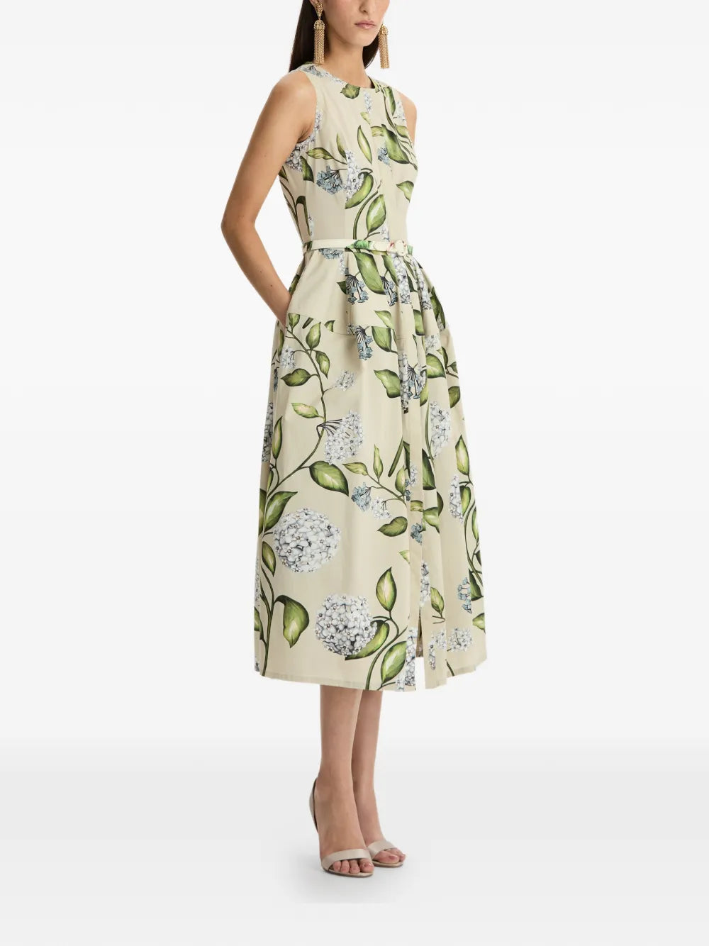 Oscar De La Renta Flower Print Sleeveless Midi Dress