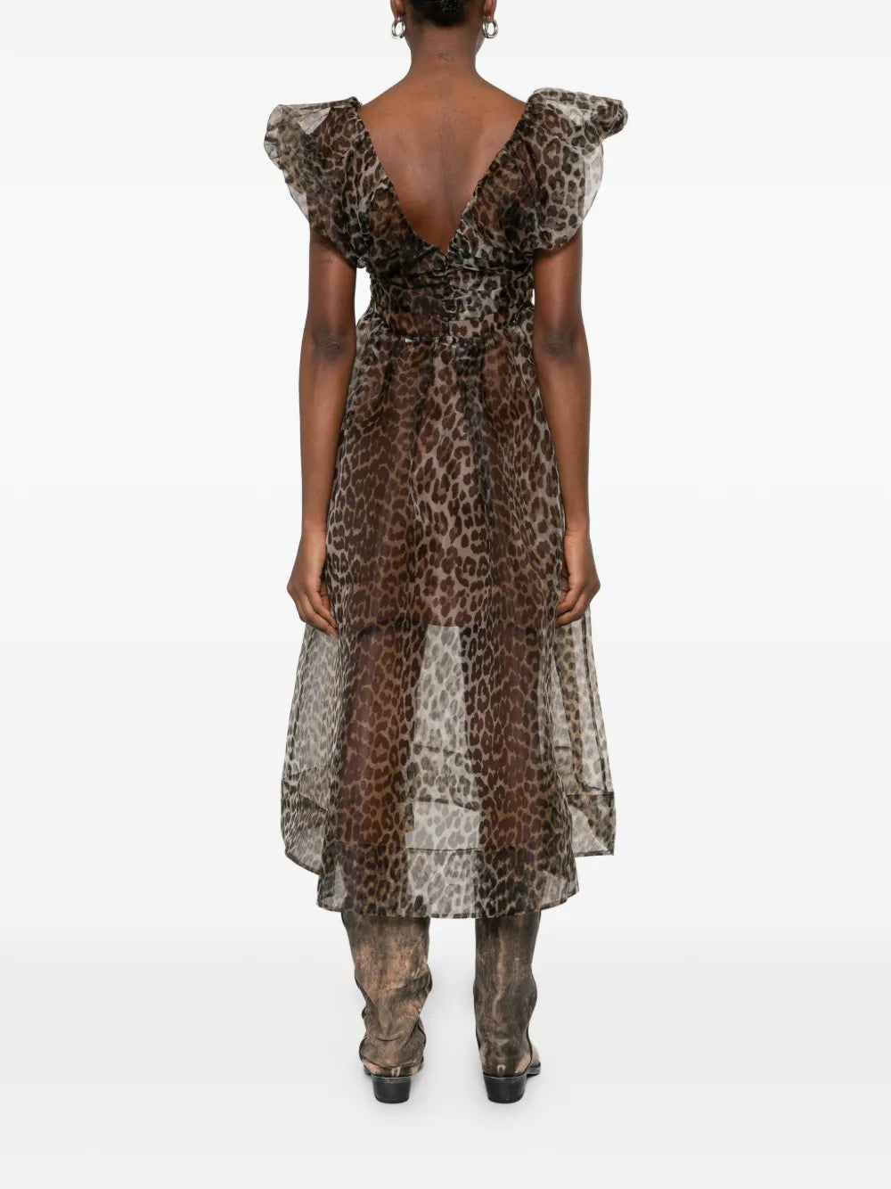 Ganni Ruffled Animal Print Midi Dress