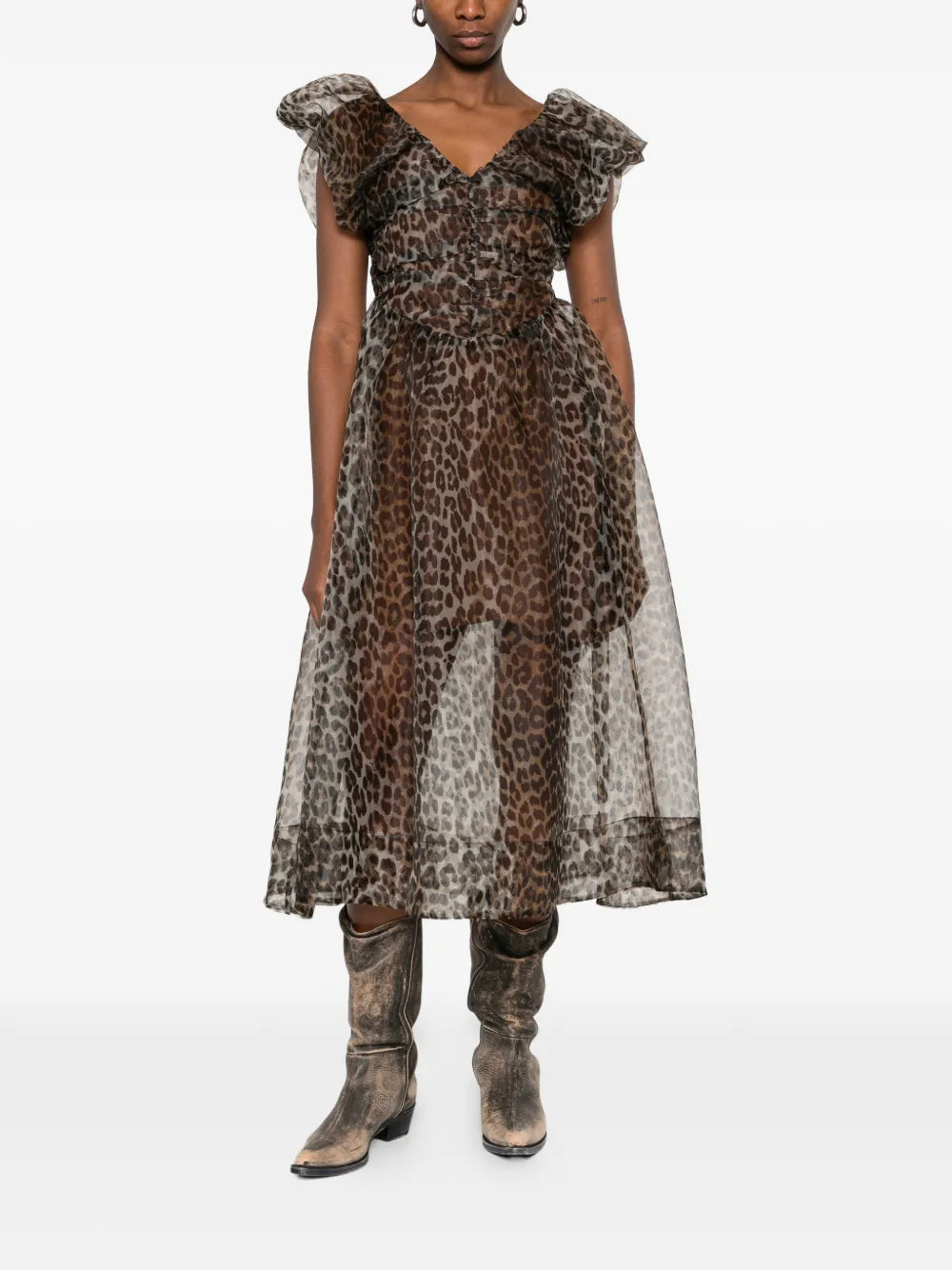 Ganni Ruffled Animal Print Midi Dress