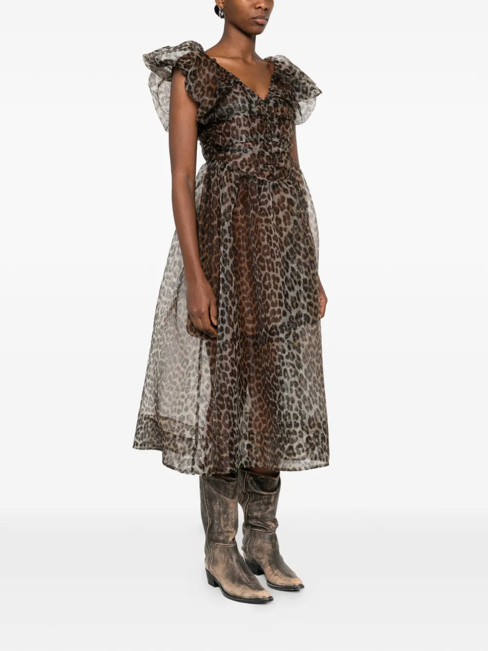 Ganni Ruffled Animal Print Midi Dress