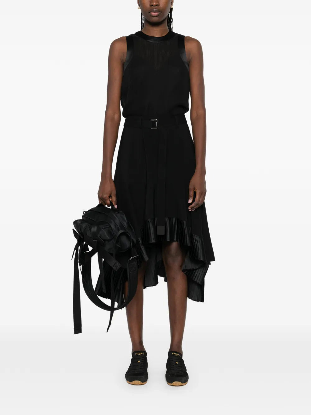 Sacai Pleated Belted Midi Dress