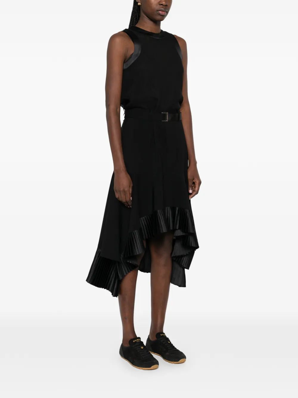 Sacai Pleated Belted Midi Dress