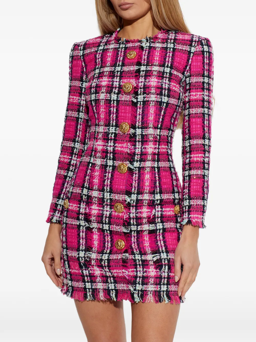 Balmain Frayed Button Plaid Dress
