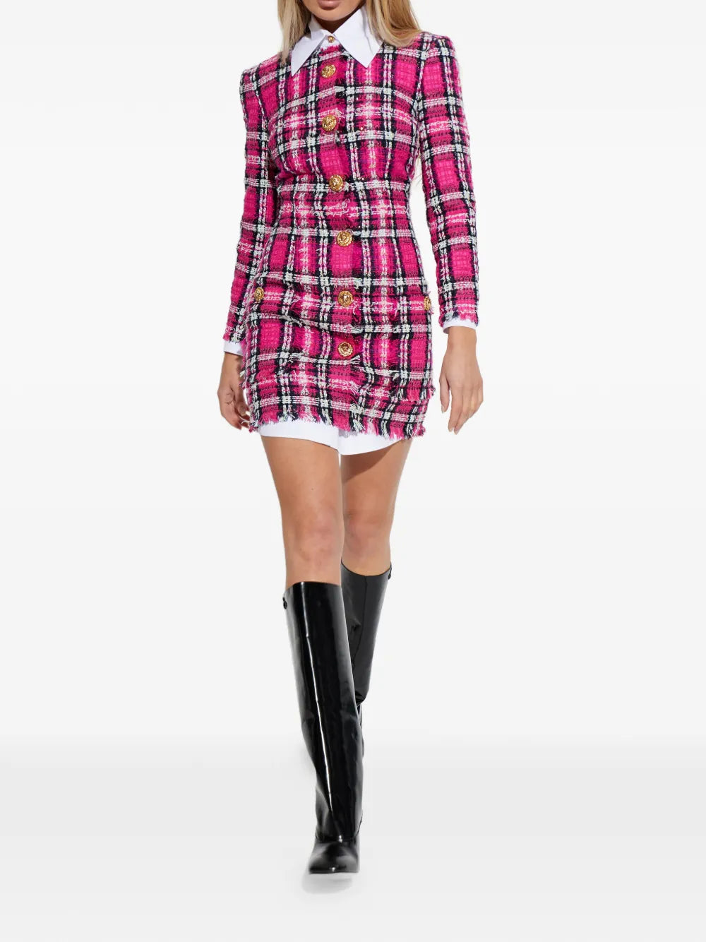 Balmain Frayed Button Plaid Dress