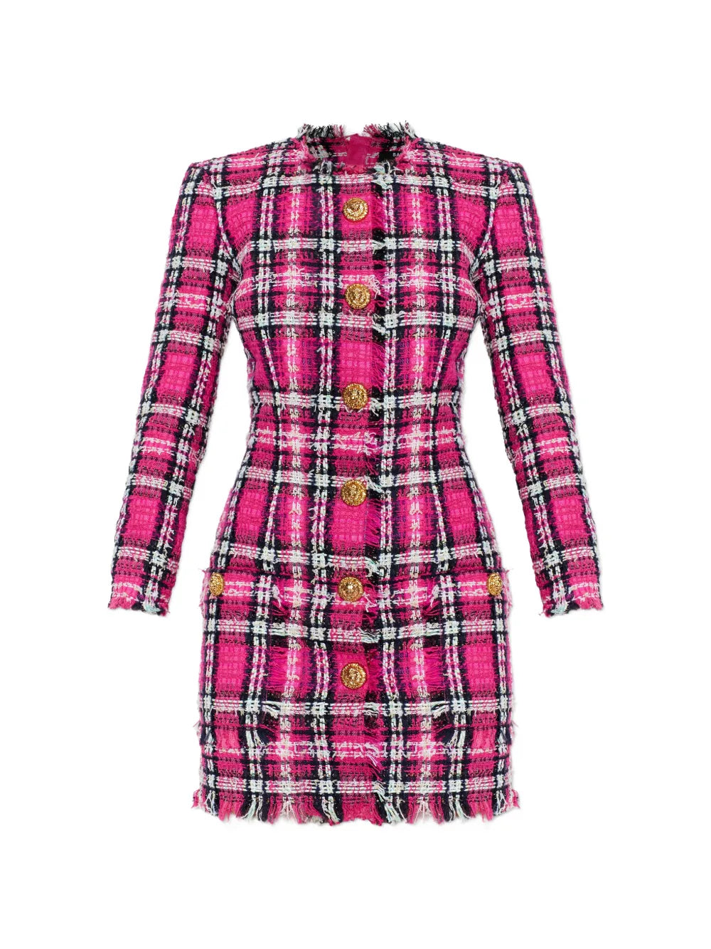 Balmain Frayed Button Plaid Dress