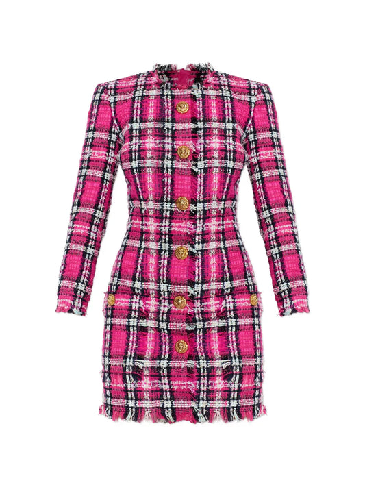 Balmain Frayed Button Plaid Dress