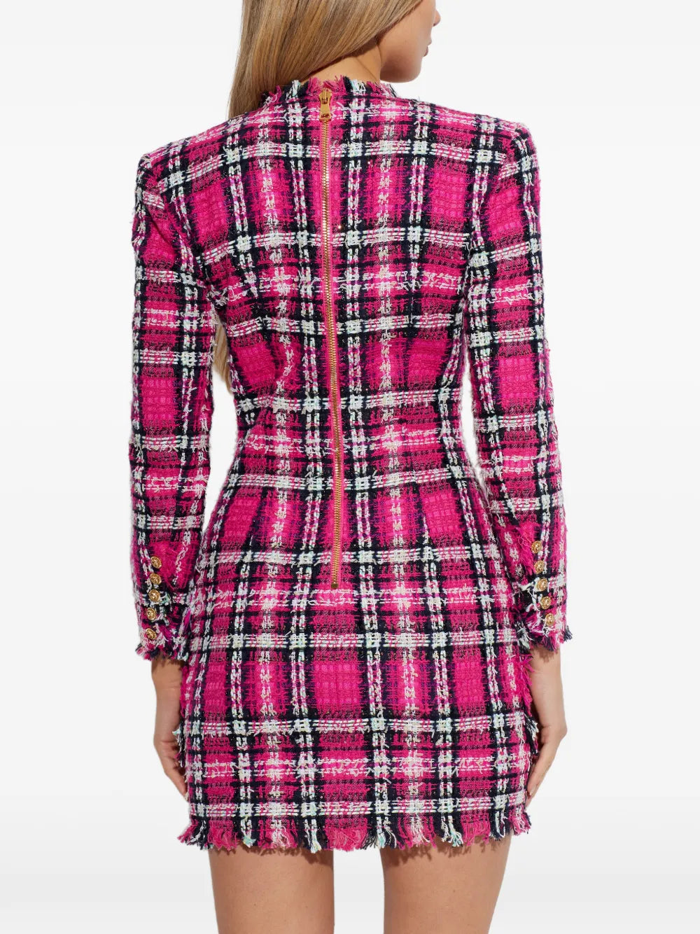 Balmain Frayed Button Plaid Dress