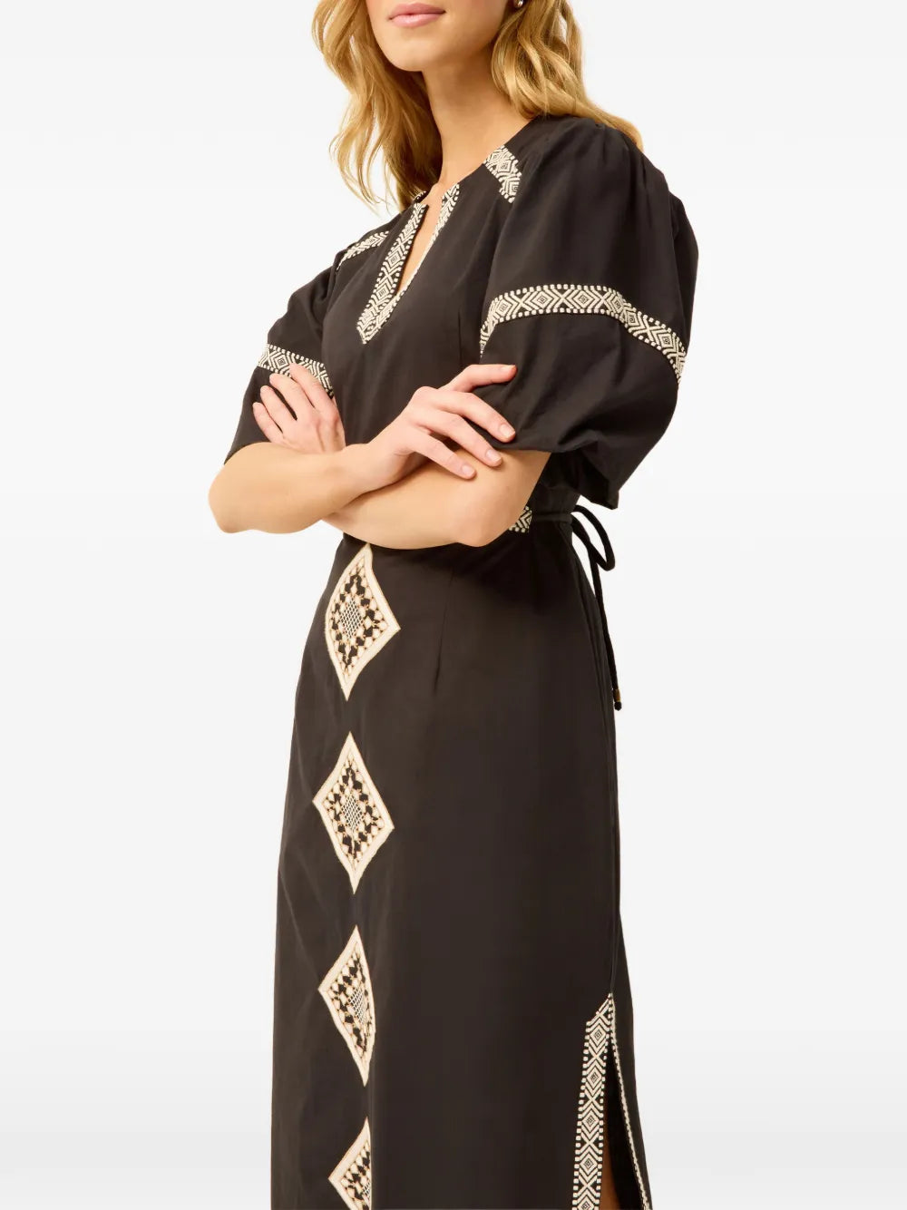 Marie Oliver Embroidered V Neck Midi Dress