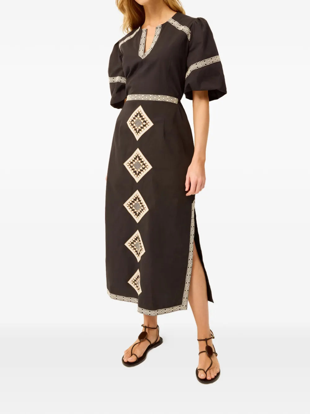 Marie Oliver Embroidered V Neck Midi Dress