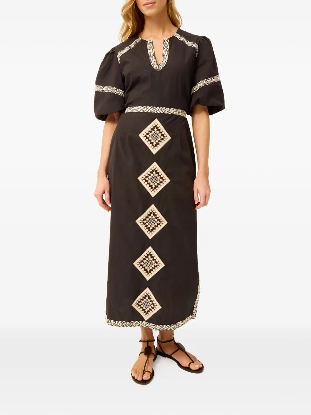 Marie Oliver Embroidered V Neck Midi Dress
