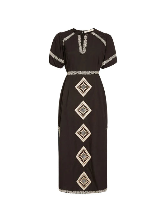 Marie Oliver Embroidered V Neck Midi Dress