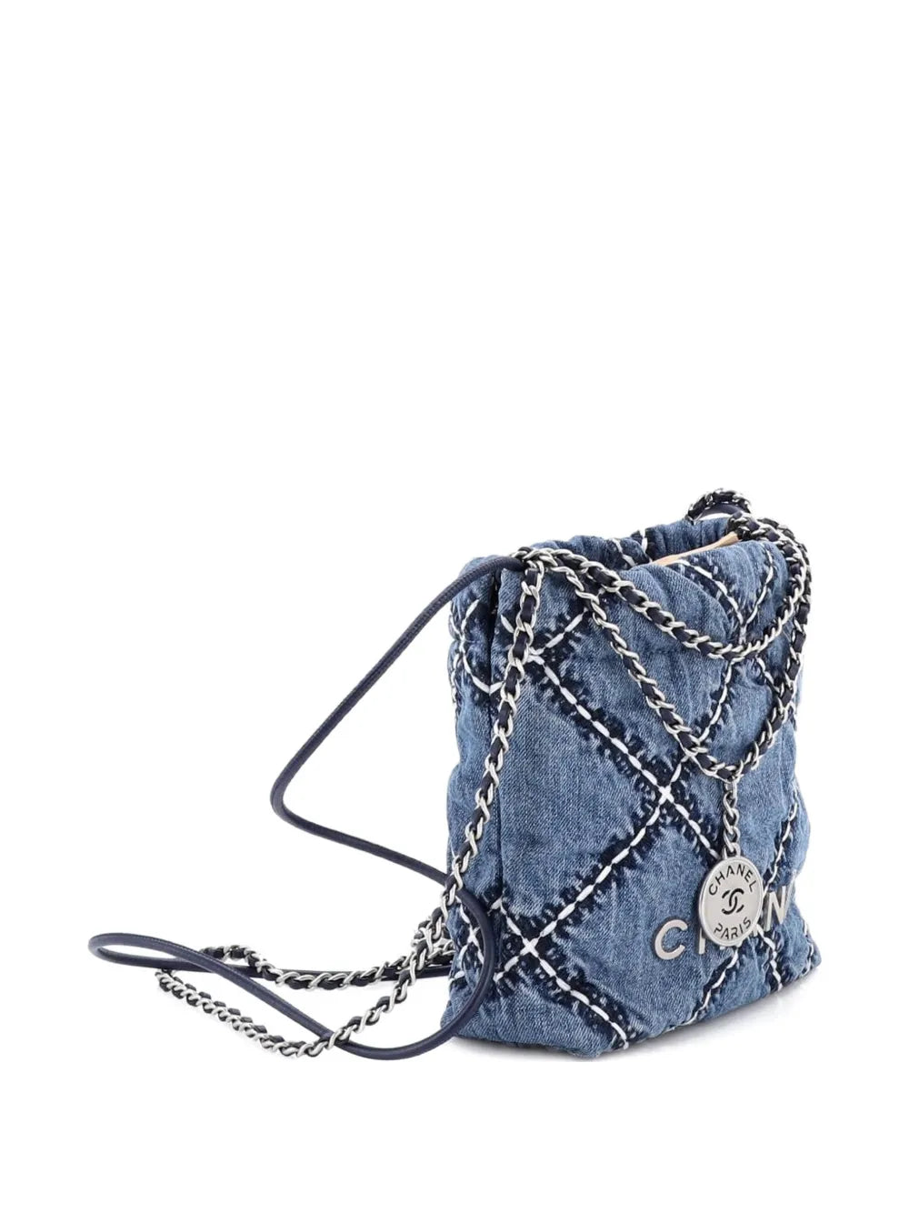 Chanel Pre Owned 22 Chain Quilted Stitched Denim Mini Hobo Bag