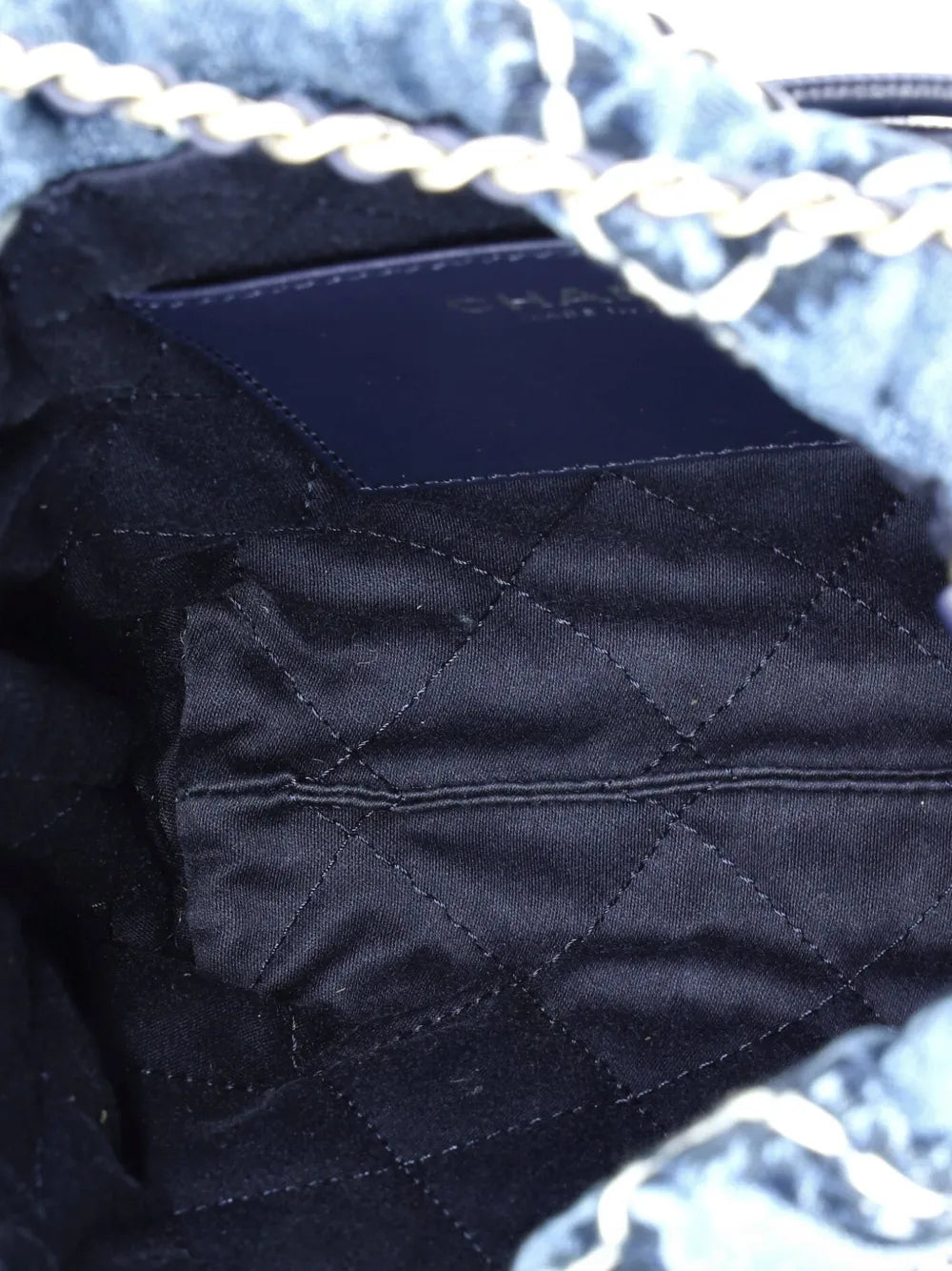 Chanel Pre Owned 22 Chain Quilted Stitched Denim Mini Hobo Bag