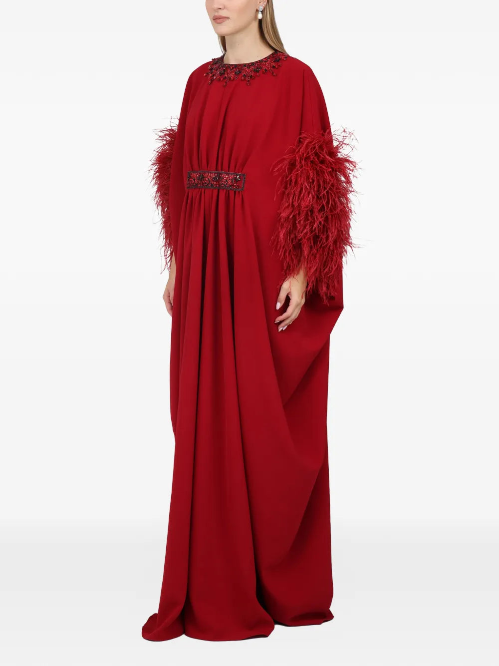 Dina Melwani Feather Sleeve Maxi Dress