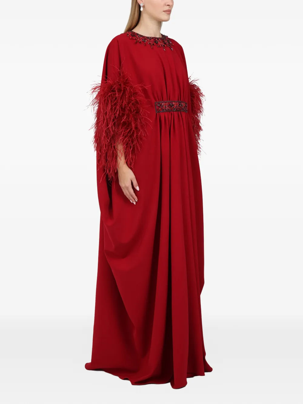 Dina Melwani Feather Sleeve Maxi Dress