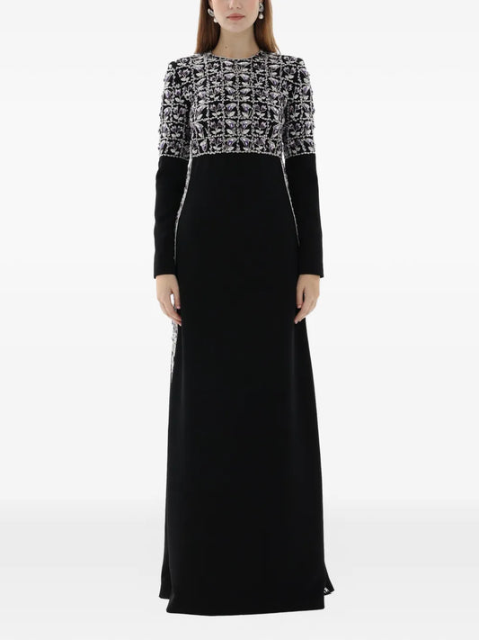 Dina Melwani Crystal Embroidered Maxi Dress