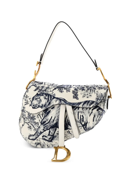 Christian Dior Pre Owned Toile De Jouy Saddle Bag Embroidered Leather Medium Shoulder Bag