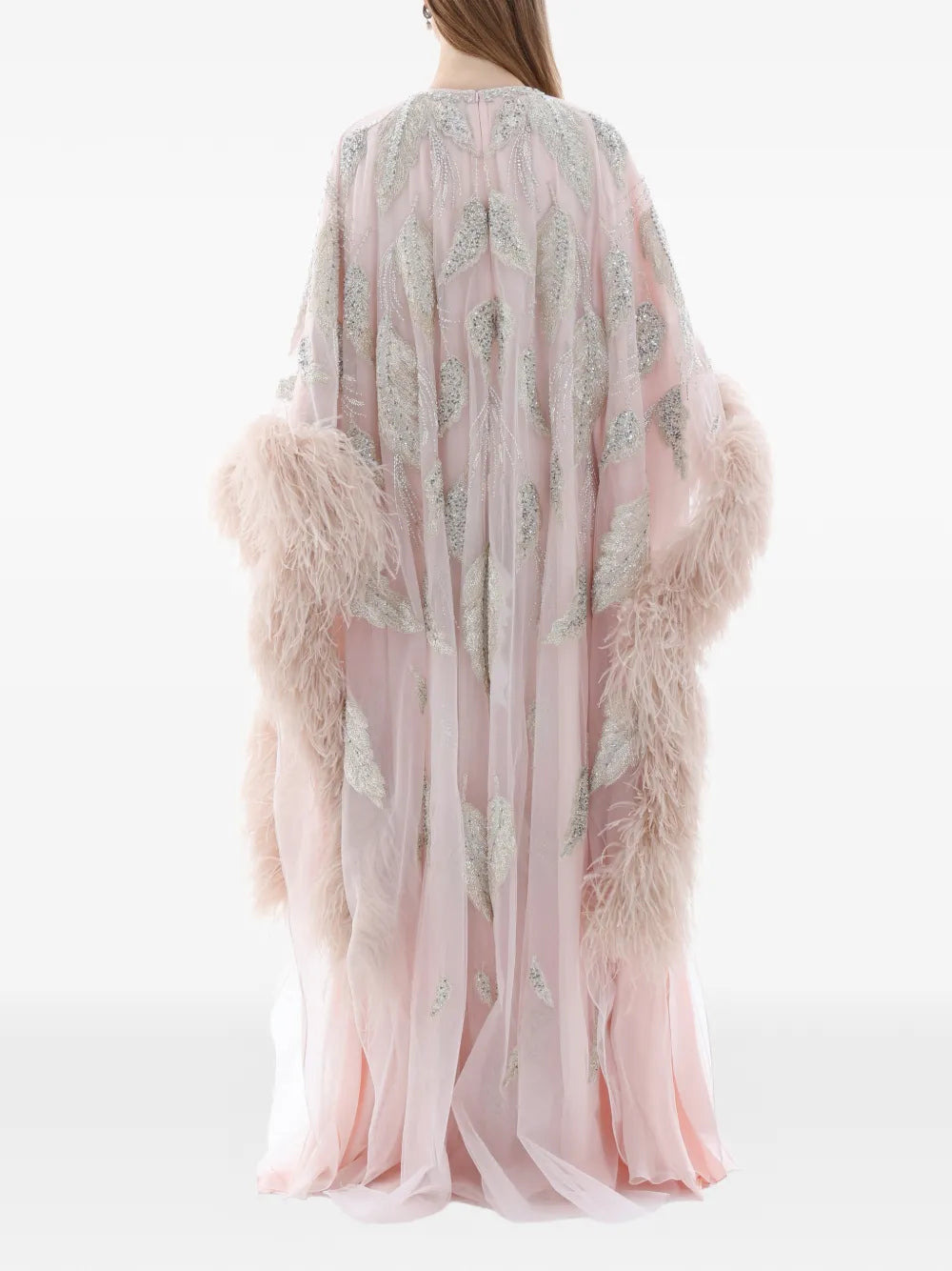 Dina Melwani Feather Trim Crystal Embroidered Maxi Dress