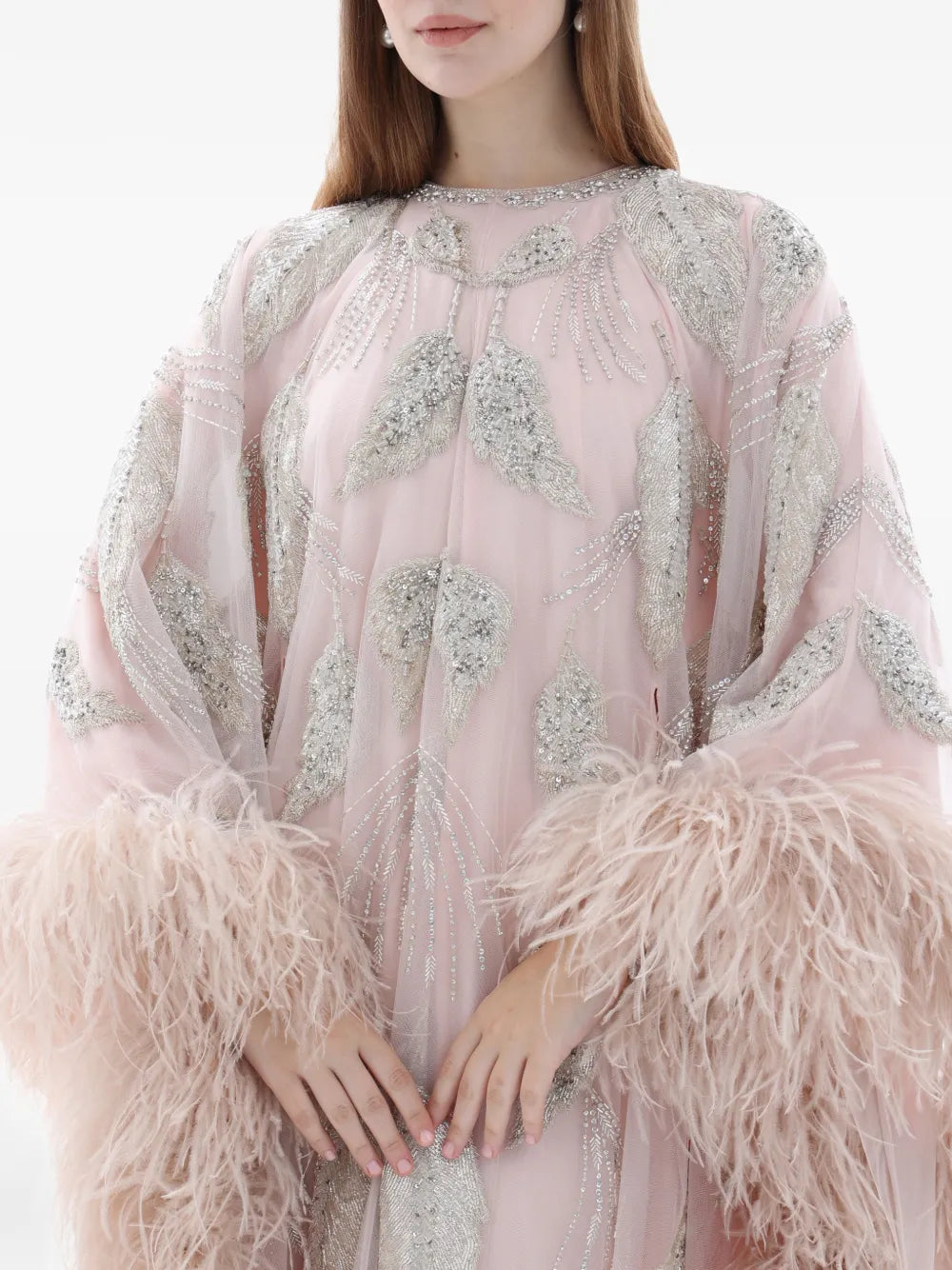 Dina Melwani Feather Trim Crystal Embroidered Maxi Dress