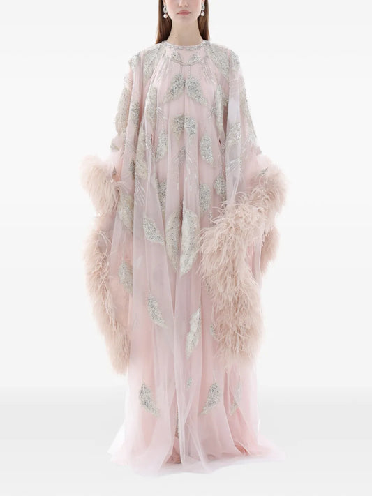 Dina Melwani Feather Trim Crystal Embroidered Maxi Dress