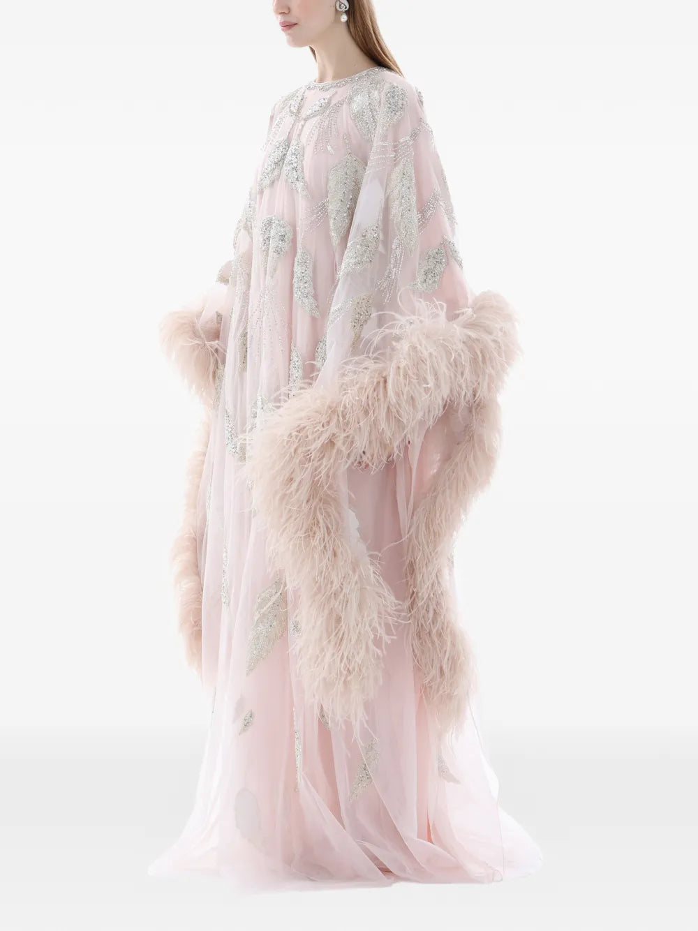 Dina Melwani Feather Trim Crystal Embroidered Maxi Dress