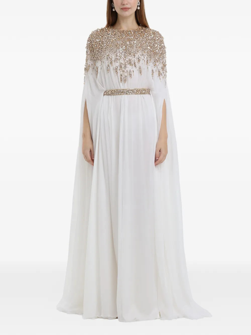 Dina Melwani Crystal Embellished Cape Sleeve Maxi Dress