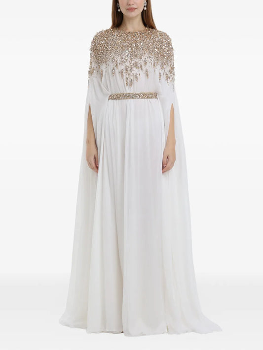 Dina Melwani Crystal Embellished Cape Sleeve Maxi Dress