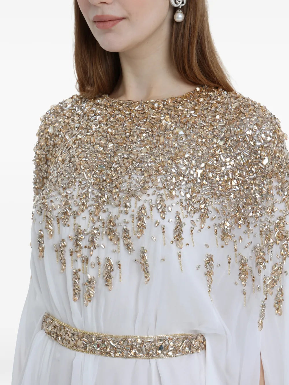 Dina Melwani Crystal Embellished Cape Sleeve Maxi Dress