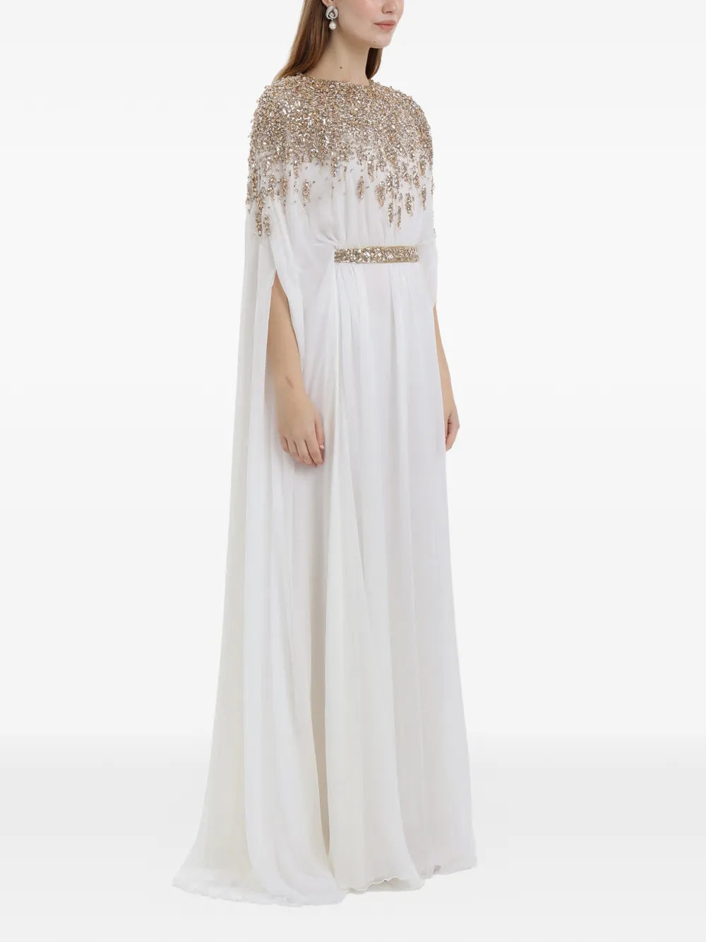 Dina Melwani Crystal Embellished Cape Sleeve Maxi Dress