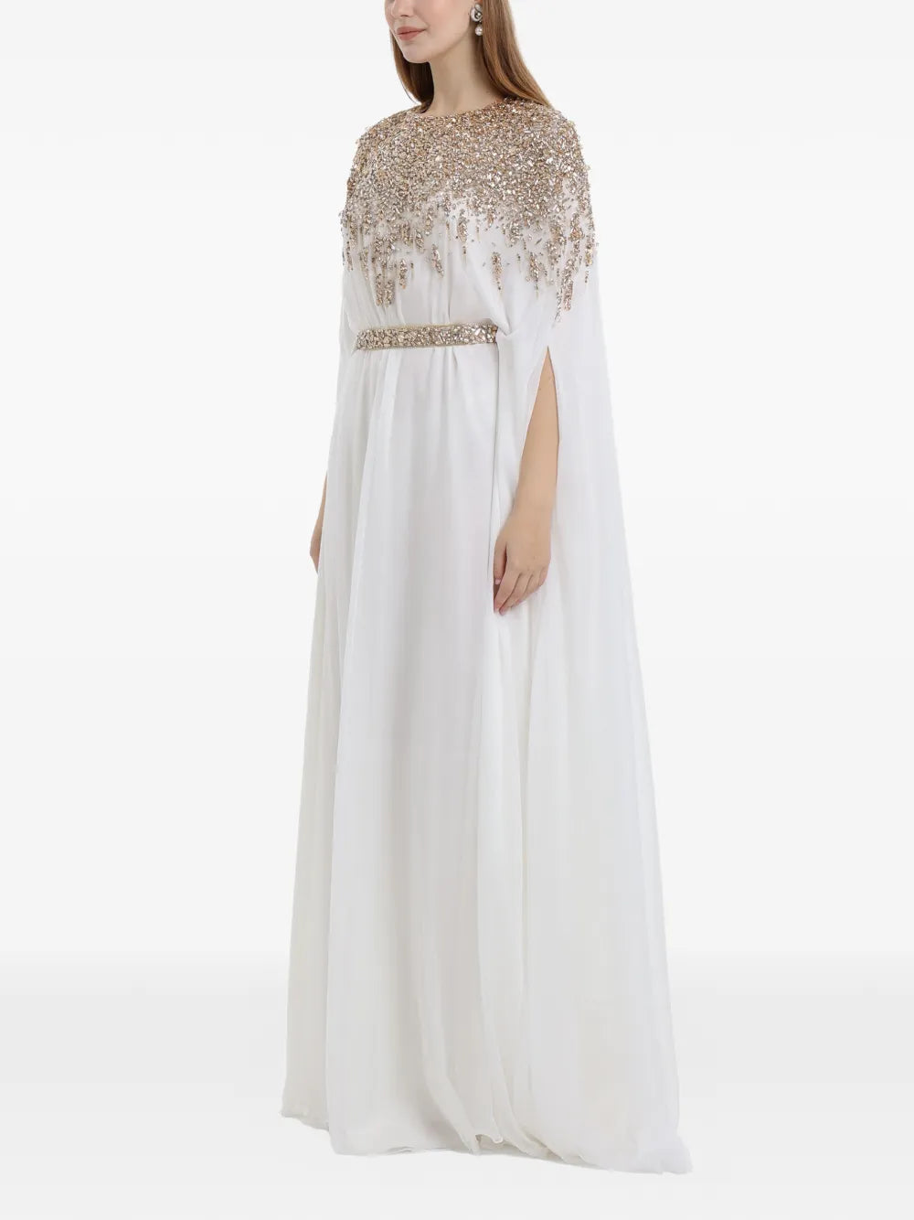 Dina Melwani Crystal Embellished Cape Sleeve Maxi Dress