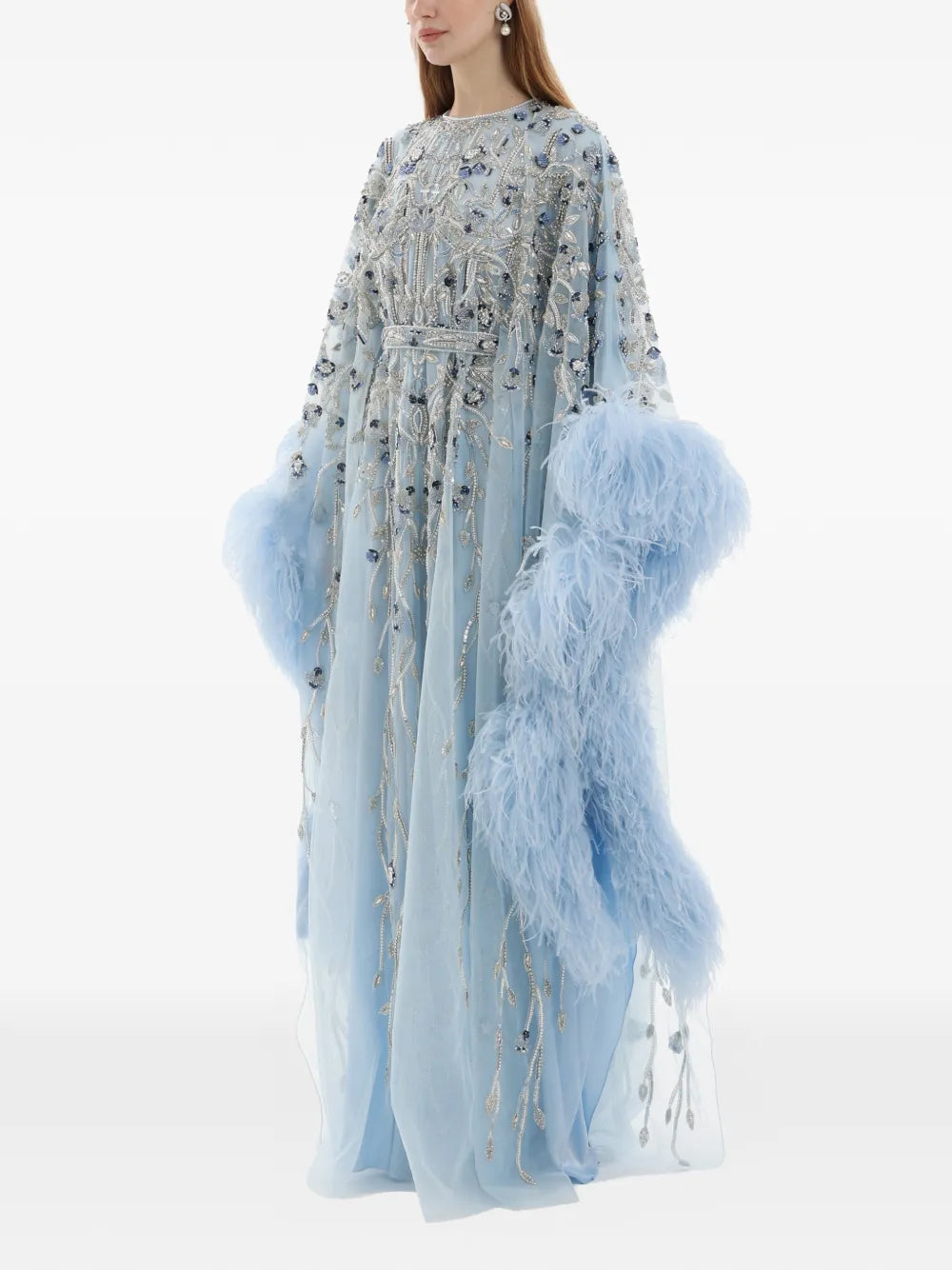 Dina Melwani Crystal Embroidered Feather Maxi Dress