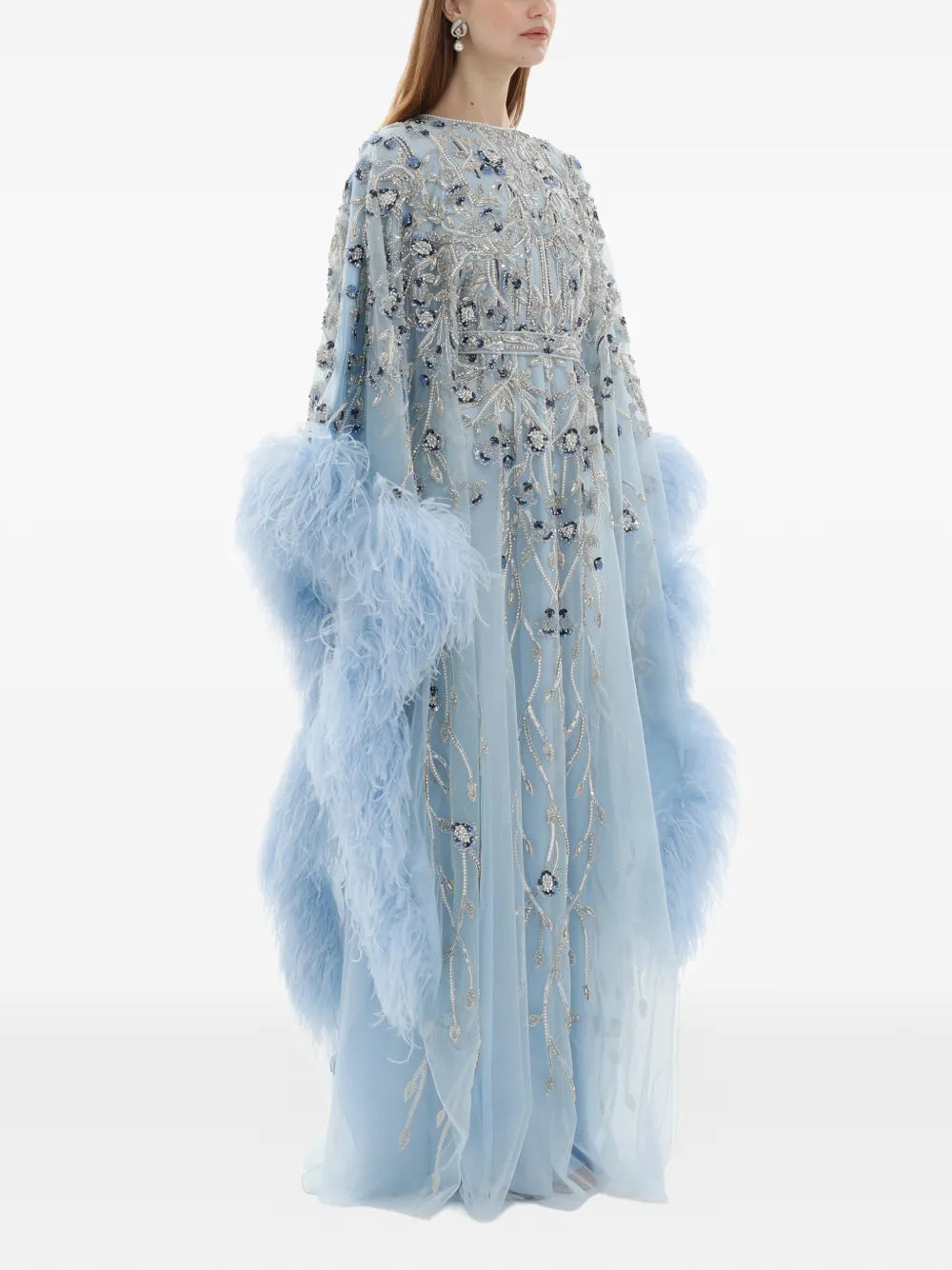 Dina Melwani Crystal Embroidered Feather Maxi Dress