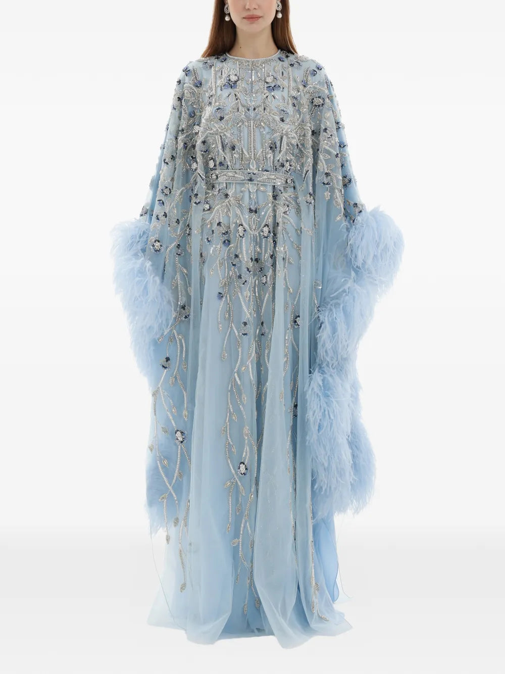 Dina Melwani Crystal Embroidered Feather Maxi Dress