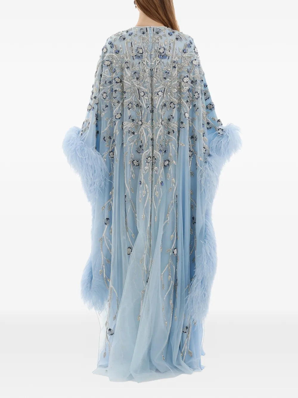 Dina Melwani Crystal Embroidered Feather Maxi Dress