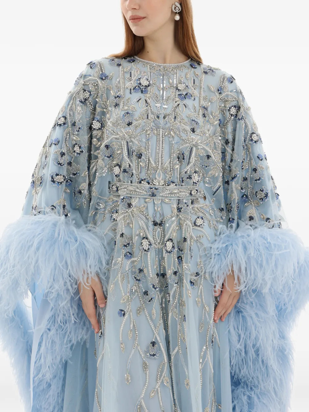 Dina Melwani Crystal Embroidered Feather Maxi Dress