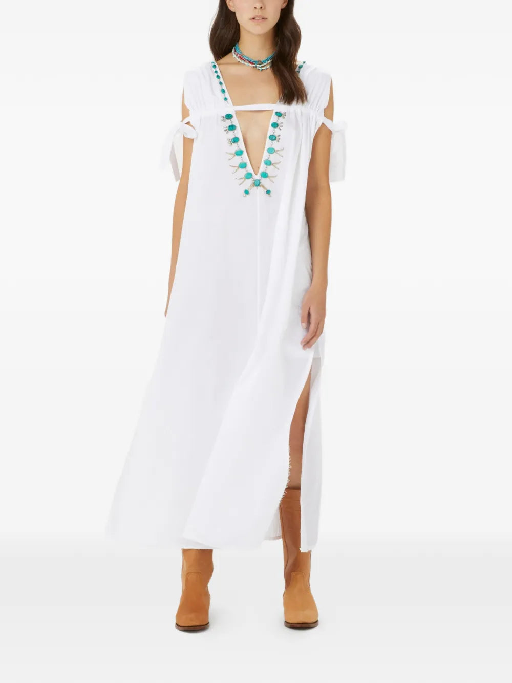 Fortela Turquoise Stone V Neck Dress